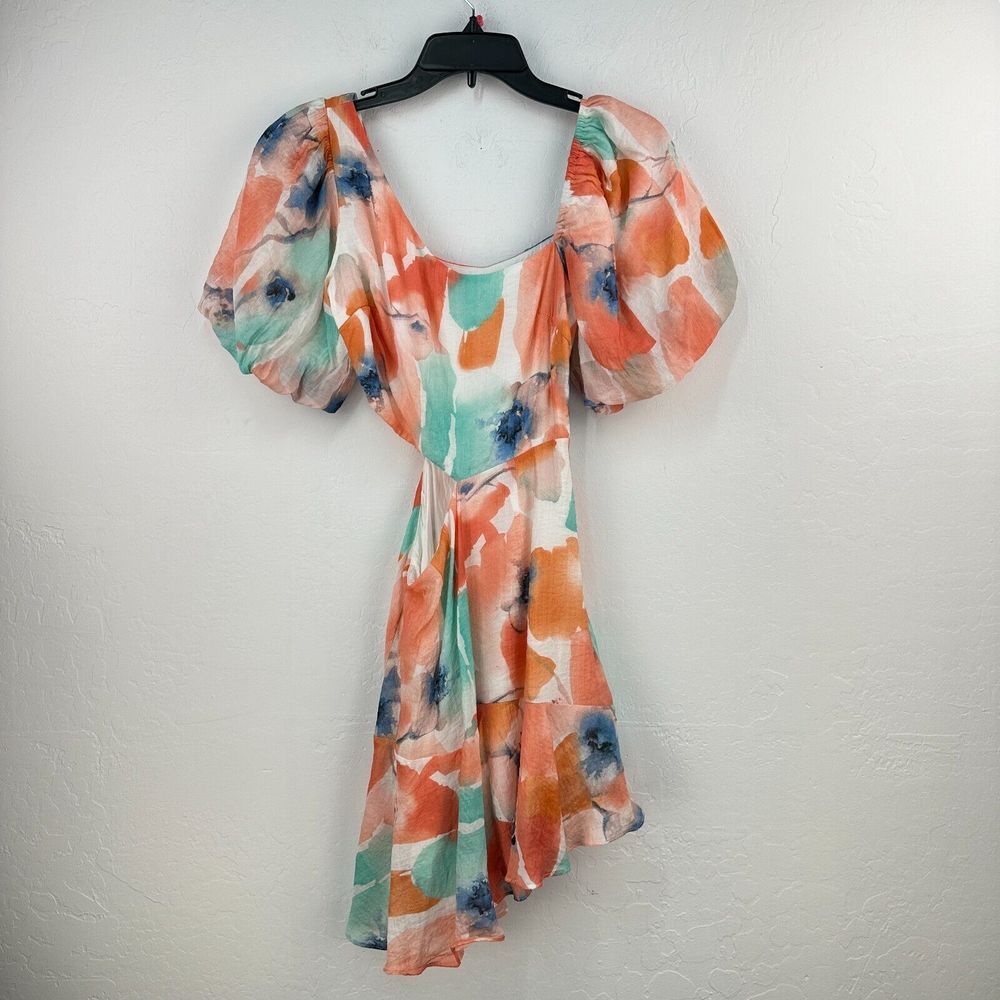 Sage + Paige Dress Womens XS Pink Blue Floral Cut Out Asymmetric Balloon Sleeve